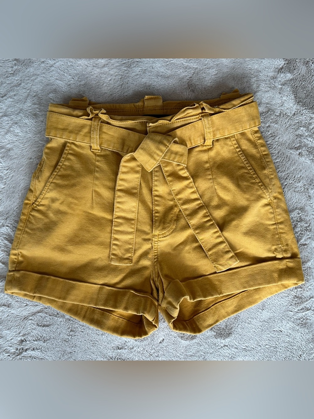 Express Mustard Yellow, High-Waist, Paper-Bag Shorts; Size 4